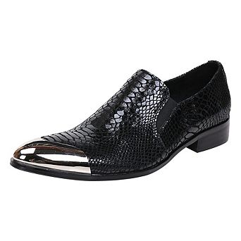 Men's Black Snake Skin Print Dress Shoes Metallic Toe Cap Slip-On Loafers