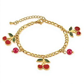 Cherry Charm Bracelet with Double Chain Links and Playful Fruit-Themed Pendants