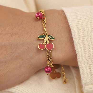 Cherry Charm Bracelet with Double Chain Links and Playful Fruit-Themed Pendants
