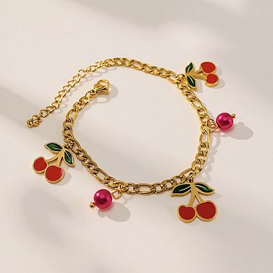 Cherry Charm Bracelet with Double Chain Links and Playful Fruit-Themed Pendants