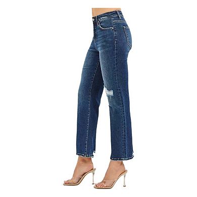 RISEN High Rise Crop Slim Straight Jenas with Hidden Knee Patch