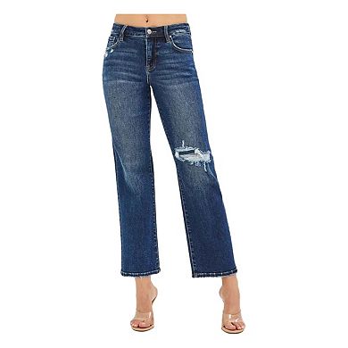 RISEN High Rise Crop Slim Straight Jenas with Hidden Knee Patch