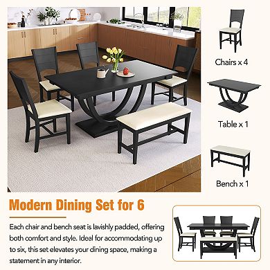 Pnronnc 6-Piece Dining Table Set, Modern Kitchen Table Set with Bench and Upholstered Chairs