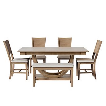 Pnronnc 6 pc Dining Table Set, Modern Kitchen Table Set with Bench and Upholstered Chairs