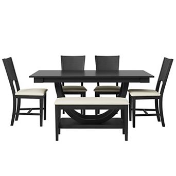 Pnronnc 6 pc Dining Table Set, Modern Kitchen Table Set with Bench and Upholstered Chairs