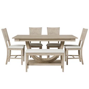 Pnronnc 6 pc Dining Table Set, Modern Kitchen Table Set with Bench and Upholstered Chairs
