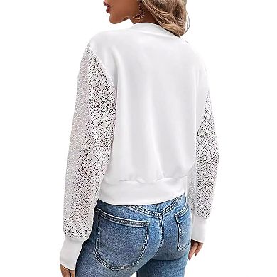 Women's Lace Long Sleeve Bomber Cropped Jacket Summer Zip Up Outerwear Coat Casual Soft Shirt