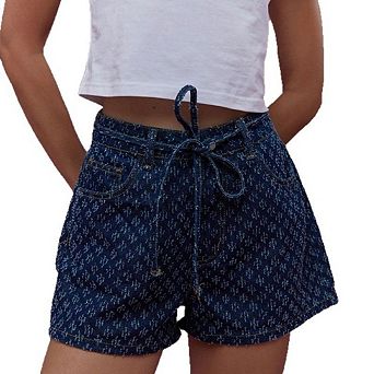 Women's Summer High Waisted Printed Jeans A Line Denim Pants with Drawstring Waist