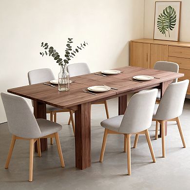 55" to 86" Expandable Dining Table with Slide-Out Leaf, Wooden Rectangular Extendable Table for 6-10