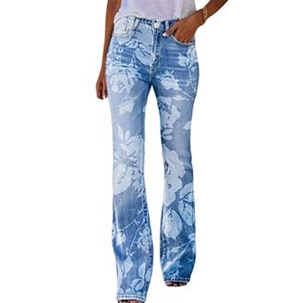 Women's Floral Print Flare Jeans High Waisted Bootcut Denim Pants