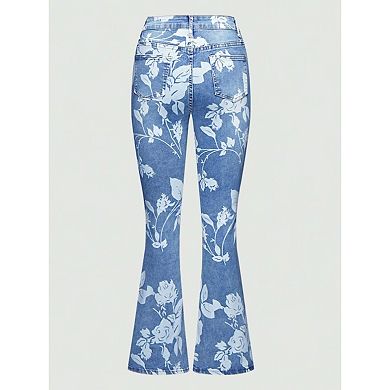 Women's Floral Print Flare Jeans High Waisted Bootcut Denim Pants