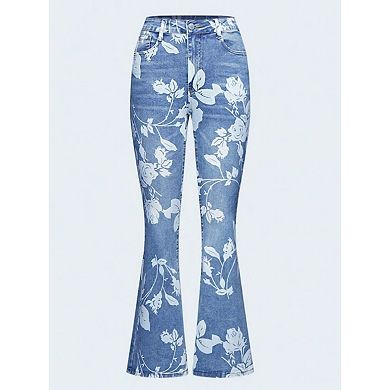 Women's Floral Print Flare Jeans High Waisted Bootcut Denim Pants