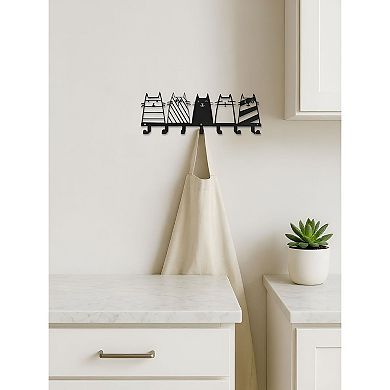 Cat Design Wall Hook Rack with 7 Hooks Metal Organizer for Keys and Towels