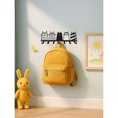 Cat Design Wall Hook Rack with 7 Hooks Metal Organizer for Keys and Towels
