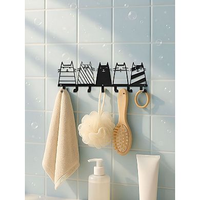 Cat Design Wall Hook Rack with 7 Hooks Metal Organizer for Keys and Towels