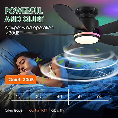 41-Inch RGB Flush Mount Ceiling Fan with Light, Remote App Control, Black