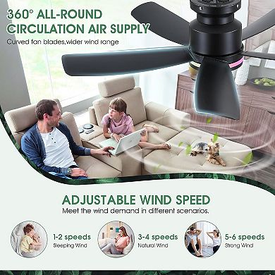 41-Inch RGB Flush Mount Ceiling Fan with Light, Remote App Control, Black