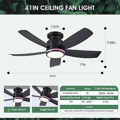 41-Inch RGB Flush Mount Ceiling Fan with Light, Remote App Control, Black