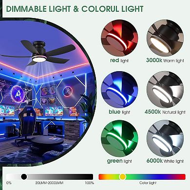 41-Inch RGB Flush Mount Ceiling Fan with Light, Remote App Control, Black