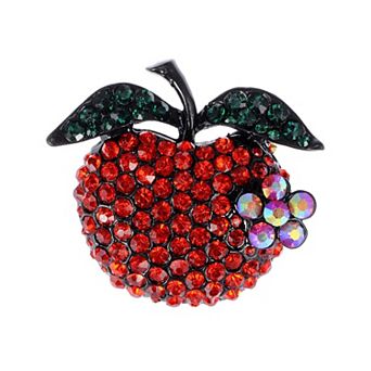 Sparkly Ruby Green Crystal Rhinestones Floral Red Apple Fruit Brooch Pin