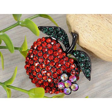 Sparkly Ruby Green Crystal Rhinestones Floral Red Apple Fruit Brooch Pin