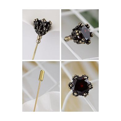 Hat Pin Retro Hollow Out Design Long Stick Pin with Artificial Ruby Vintage Style Flower Brooch