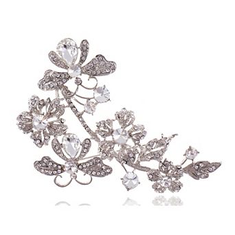 Silvery Tone Clear Crystal Rhinestone Floral Flower Branch Pin Brooch