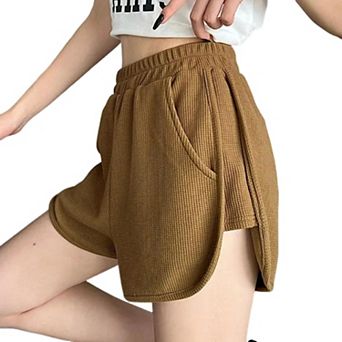 Women's Waffle Knit Casual Shorts High Waist Athletic Lounge Shorts with Pockets