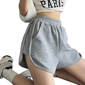 Women's Waffle Knit Casual Shorts High Waist Athletic Lounge Shorts with Pockets