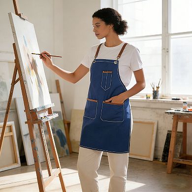 Denim Work Apron with Multi Pocket Utility Apron Full Coverage for Kitchen Studio Workshop and Home