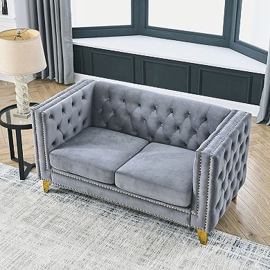 Pnronnc Modern Velvet Loveseat Sofa, 2 Seat Tufted Buttons Couch with Metal Legs