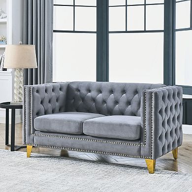 Pnronnc Modern Velvet Loveseat Sofa, 2 Seat Tufted Buttons Couch with Metal Legs
