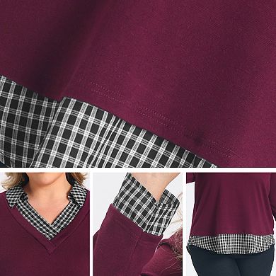 Women's Plus Size Shirt Collared Plaid Contrast Patchwork Shirts Long Sleeve Curved Hem Blouses Tops