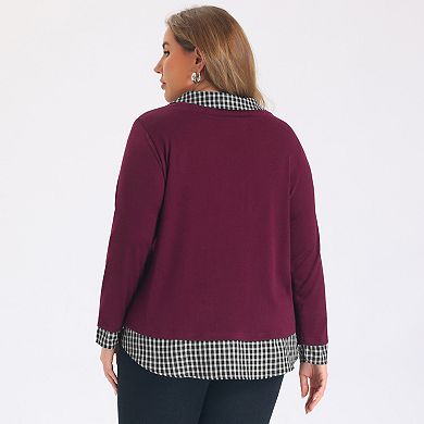 Women's Plus Size Shirt Collared Plaid Contrast Patchwork Shirts Long Sleeve Curved Hem Blouses Tops