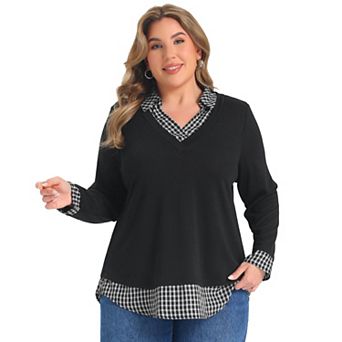 Women's Plus Size Shirt Collared Plaid Contrast Patchwork Shirts Long Sleeve Curved Hem Blouses Tops