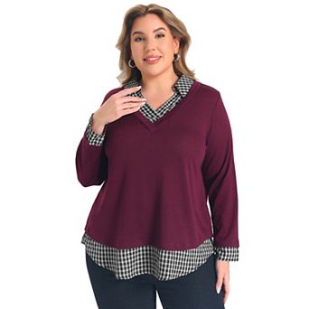 Women's Plus Size Shirt Collared Plaid Contrast Patchwork Shirts Long Sleeve Curved Hem Blouses Tops
