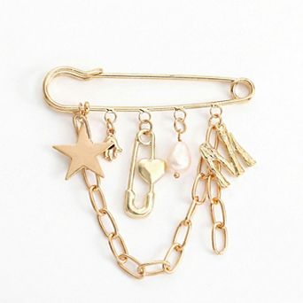 Women's Safety Pin Brooch Star Charm Chain Detail Pearl Accent Pendant Design