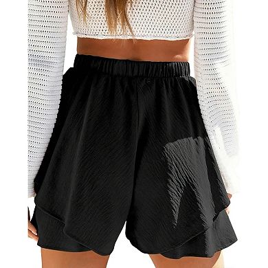 Women's Layered Wide Leg Boho Short Elastic High Waist Summer Casual Flowy Swing Solid Pants