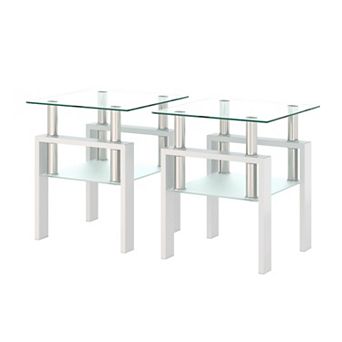 Set of 2 Square Glass Side Tables with Frosted Lower Shelf and Metal Legs for Living Room or Bedroom