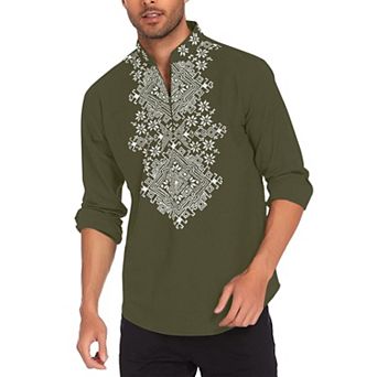COOFANDY Mens Shirt Henley African Dashiki Floral Print Casual Zip Up Cotton Linen Beach Hippie