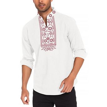 COOFANDY Mens Shirt Henley African Dashiki Floral Print Casual Zip Up Cotton Linen Beach Hippie