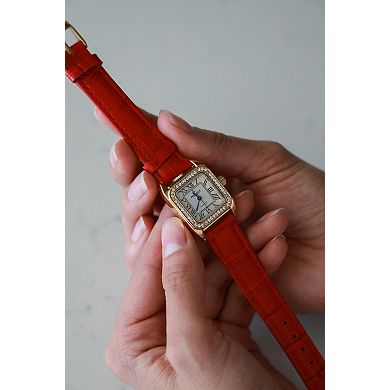 Peugeot Womens 34x24mm Tank Watch with Crystal Bezel Red Leather Strap