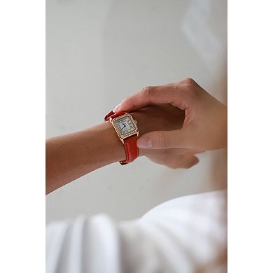 Peugeot Womens 34x24mm Tank Watch with Crystal Bezel Red Leather Strap