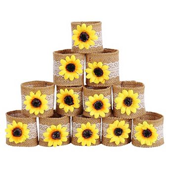 Fall Napkin Rings Set 12 Handmade Linen Sunflower Lace Wedding Farmhouse Thanksgiving Table Decor
