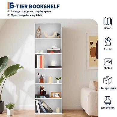 6-Shelf Tall Bookcase for Home Office, Rustic Wood Bookshelf, Modern Slim Narrow Design