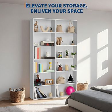 6-Shelf Tall Bookcase for Home Office, Rustic Wood Bookshelf, Modern Slim Narrow Design