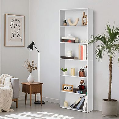 6-Shelf Tall Bookcase for Home Office, Rustic Wood Bookshelf, Modern Slim Narrow Design