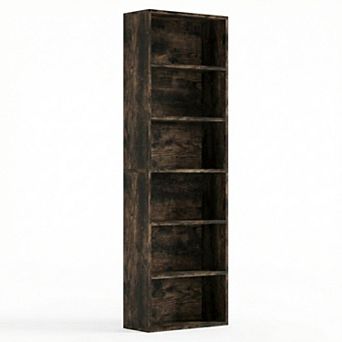 6-Shelf Tall Bookcase for Home Office, Rustic Wood Bookshelf, Modern Slim Narrow Design
