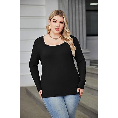 Zeagoo Plus Size Women's Long Sleeve Scoop Neck Ribbed Slim Fit Crop Tops