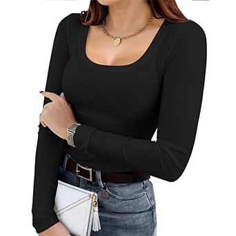 Zeagoo Plus Size Women's Long Sleeve Scoop Neck Ribbed Slim Fit Crop Tops